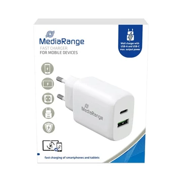 MediaRange fali töltő 43W USB-A és USB-C csatlakozással gyorstöltés támogatással - fehér