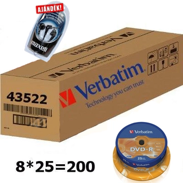Verbatim DVD-R 16X 4.7 GB Cake Lemez, Kartonban (8X25) + Ajándék - D3418