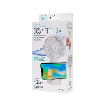 Platinet 3 az 1-ben újratölthető asztali ventilátor telefontartóval és párásítóval 1200 mAh - fehér