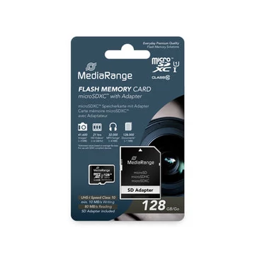 MediaRange 128GB Micro SDXC memóriakártya UHS-1 Class 10 + adapter - fekete