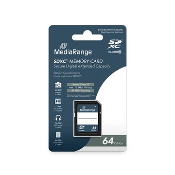 MediaRange SDXC 64GB Class 10 memóriakártya 20 MB/s olvasási sebességgel - kék-fehér