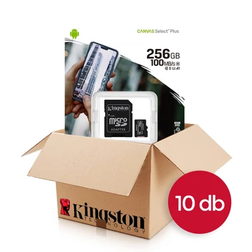 Kingston Canvas Select Plus microSDXC memóriakártya 256GB adapterrel 10db Class 10 UHS-I U1 V10 A1 (100 MB/s olvasási sebesség)