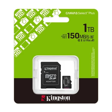 Kingston Canvas Select Plus micro SDXC memóriakártya adapterrel 1TB Class 10 UHS-I U3 V30 A1 (150 MB/s olvasási sebesség)