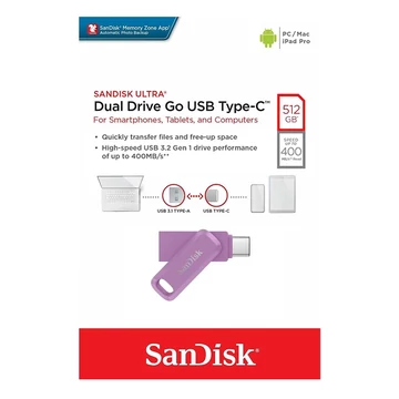 SanDisk Ultra Dual Drive Go pendrive 512GB USB 3.1 Type-C 400MB/s - lila (SDDDC3-512G-G46L)