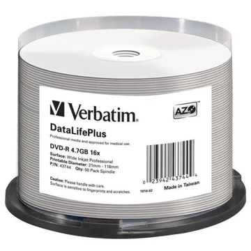 Verbatim DVD-R 16X 4.7GB tintasugaras nyomtatható lemez DataLifePlus Professional - 50 db/henger