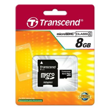 Transcend 8GB Micro SDHC Memóriakártya Class 4 + Adapter - TS8GUSDHC4