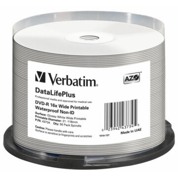 Verbatim DVD-R 16X Nyomtatható Fényes Felületű Vízálló Lemez /NO ID/ - Cake (50) - 43734