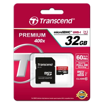 Transcend 32GB Micro SDHC Memóriakártya UHS-I Class 10 (60 Mb/S) + Adapter - TS32GUSDU1